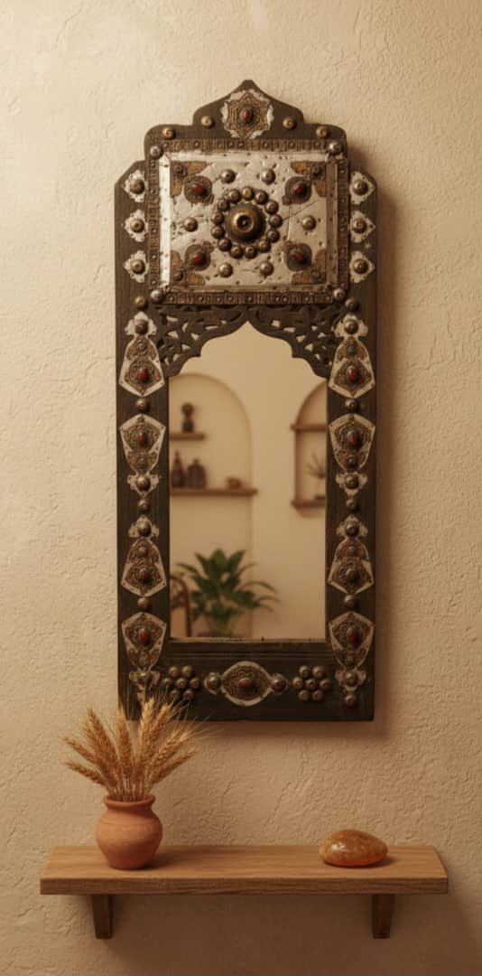 مرآة مزخرفة بالفضة والنحاس والعقيق